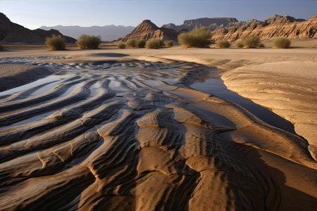 desert landscape with undulating mirages of water and mountains in the distance, created with generative aiの素材
