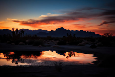desert mirage reflecting the colors of a sunset, with silhouettes of mountains in the background, created with generative aiの素材
