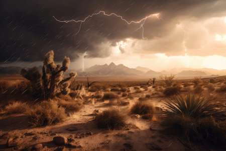 stormy desert with lightning and thunderbolts, created with generative aiの素材