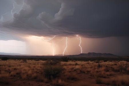 desert storm with lightning strikes and rain clouds in the distance, created with generative aiの素材