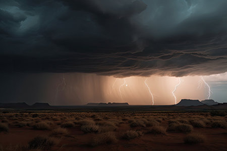 desert storm with lightning strikes and rain clouds in the distance, created with generative aiの素材