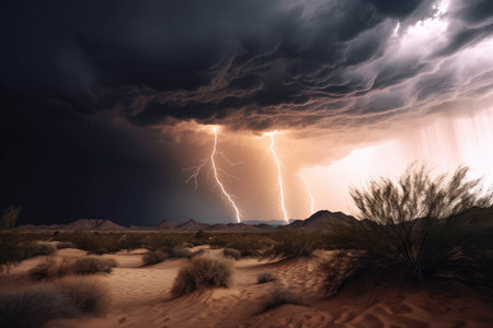 desert storm, with dramatic lightning and rain, illuminating the sky, created with generative aiの素材