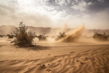 sandstorm kicking up dust and debris in deserted landscape, created with generative aiの素材