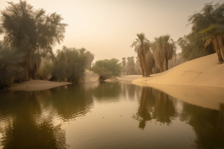 sandstorm envelops desert oasis with peaceful waters, created with generative aiの素材