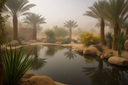 sandstorm envelops desert oasis with peaceful waters, created with generative aiの素材