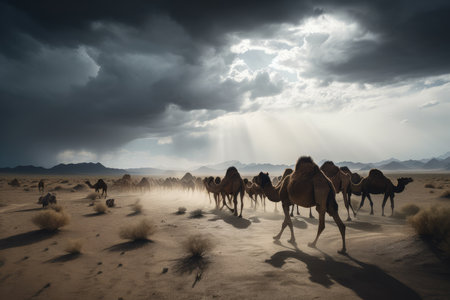 a herd of camels crossing a dusty desert, with storm clouds looming in the distance, created with generative aiの素材