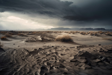 desolate desert wasteland, with storm rolling in, created with generative aiの素材
