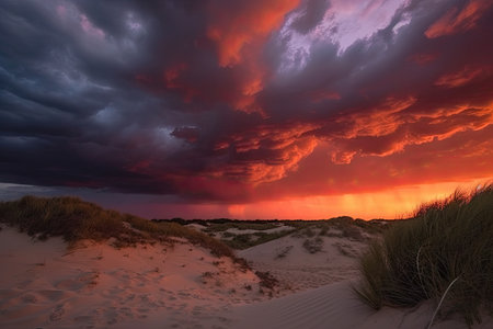 magnificent red sunset in the distance, with dark storm clouds rolling over the dunes, created with generative aiの素材