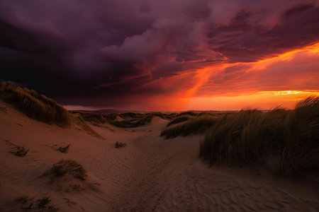 magnificent red sunset in the distance, with dark storm clouds rolling over the dunes, created with generative aiの素材