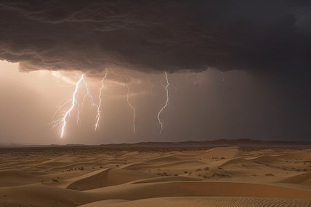 desert storm with lightning and thunder, bringing powerful winds and torrential rain to the dunes, created with generative aiの素材