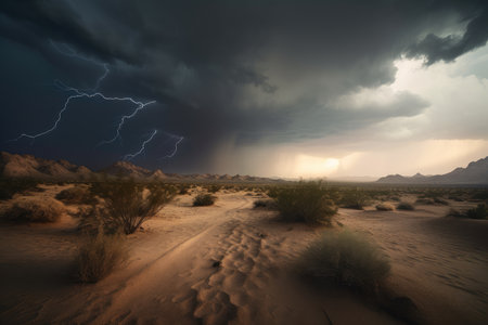 desert storm with rolling clouds and lightning flashes, created with generative aiの素材