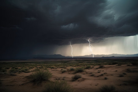 desert storm, with dark clouds and lightning, in the distance, created with generative aiの素材