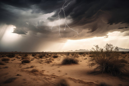 desert storm, with dramatic sky and lightning strikes, in the background, created with generative aiの素材