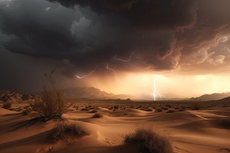 desert storm, with dramatic sky and lightning strikes, in the background, created with generative aiの素材