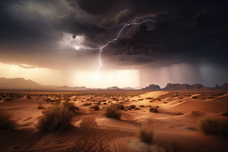 desert storm, with dramatic sky and lightning strikes, in the background, created with generative aiの素材