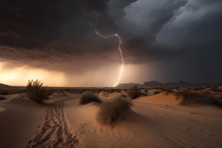 desert storm with dramatic lightning flashes in the background, created with generative aiの素材