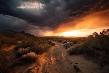 desert storm rolling in, with dramatic sunset and clouds in the background, created with generative aiの素材