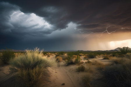 desert storm with rolling clouds and lightning strikes, created with generative aiの素材