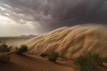 giant sandstorm, with swirling clouds of dust and debris, engulfing a desert landscape, created with generative aiの素材