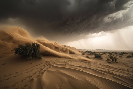 sandstorm whipping through desert, with dramatic sky in the background, created with generative aiの素材