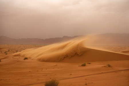 sandstorm rolling over still and silent desert, created with generative aiの素材
