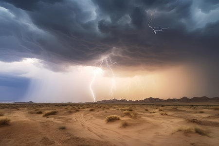 desert storm with lightning and thunder, illuminating the distant storm clouds, created with generative aiの素材