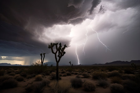 storm brews in the desert, with dramatic lightning strikes and rolling thunder, created with generative aiの素材