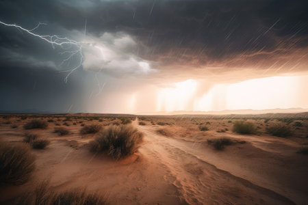 desert storm with lightning bolts and rain visible in the distance, created with generative aiの素材