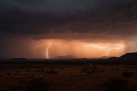 desert storm with lightning bolts and rain visible in the distance, created with generative aiの素材