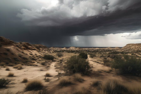 vast desert, with storm clouds rolling in and bringing heavy rain, created with generative aiの素材