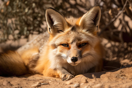 desert fox lying in the sun, with its bushy tail curled around itself, created with generative aiの素材