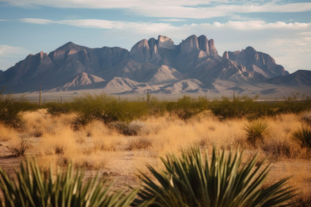 desert landscape with mountain range in the background, showcasing its grandeur, created with generative aiの素材