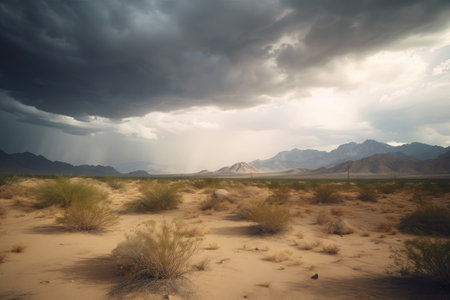 desert landscape, with distant view of mountain range and storm clouds, created with generative aiの素材