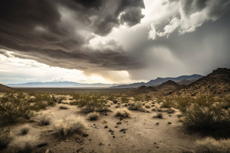 desert landscape, with distant view of mountain range and storm clouds, created with generative aiの素材