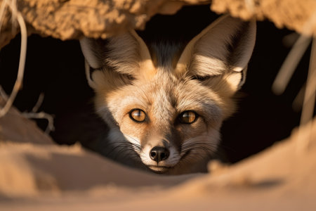 desert fox peering out from its burrow, eyes shining, created with generative aiの素材
