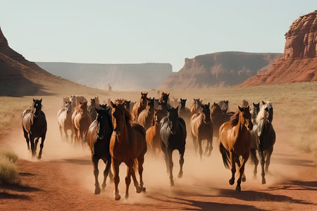 a herd of galloping horses in the desert, surrounded by red rocks, created with generative aiの素材