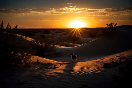 desert sunset, with silhouetted wildlife and sand dunes in the background, created with generative aiの素材