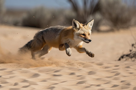desert fox leaping through the sand in search of food, created with generative aiの素材