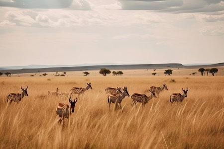 antelope grazing on the savannah, created with generative aiの素材