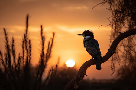 desert sunset, with view of silhouetted kingfisher on a perch, created with generative aiの素材