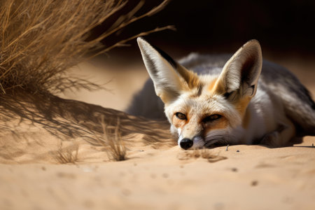 desert fox hiding under the hot sun, waiting for its next prey, created with generative aiの素材
