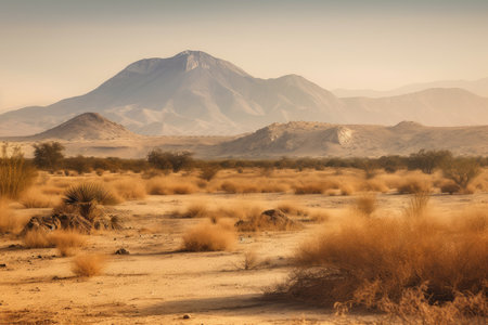 desert landscape with mountain range in the background, showcasing wildlife and natural beauty, created with generative aiの素材