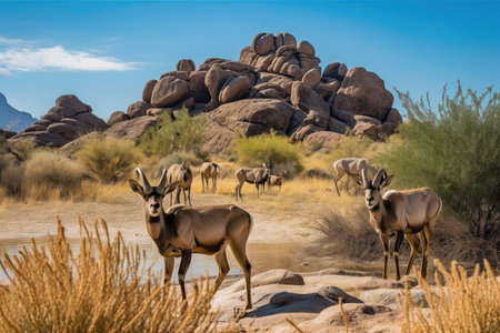 desert wildlife, surrounded by towering buttes and stone formations, created with generative aiの素材