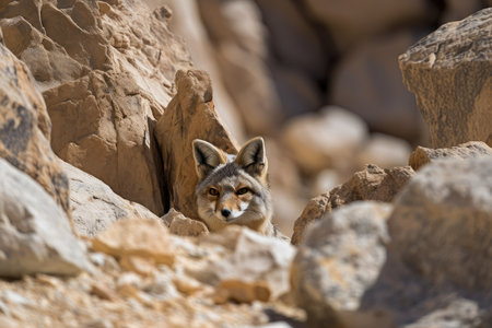 desert fox hiding among the rocks, watching its prey nearby, created with generative aiの素材