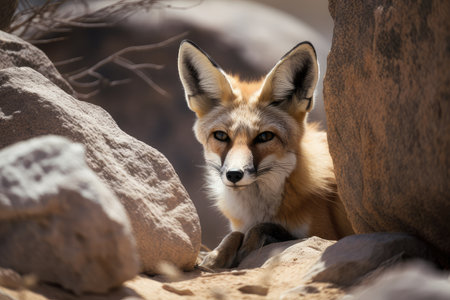 desert fox hiding among the rocks, watching its prey nearby, created with generative aiの素材
