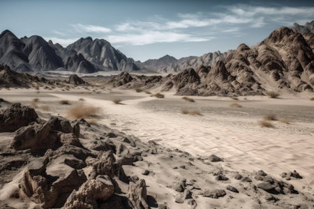 desert landscape with mountain range in the background, providing stunning contrast to the sand and rocks, created with generative aiの素材