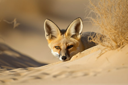 desert fox hiding in sand dune, surveying its territory, created with generative aiの素材