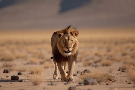 majestic lion stalking its prey in the desert, created with generative aiの素材