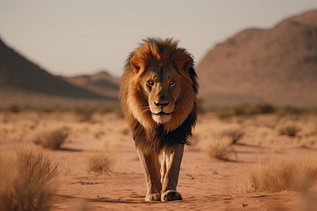 majestic lion stalking its prey in the desert, created with generative aiの素材