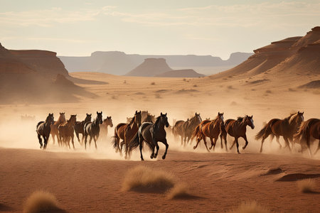 desert landscape with herd of galloping horses, created with generative aiの素材
